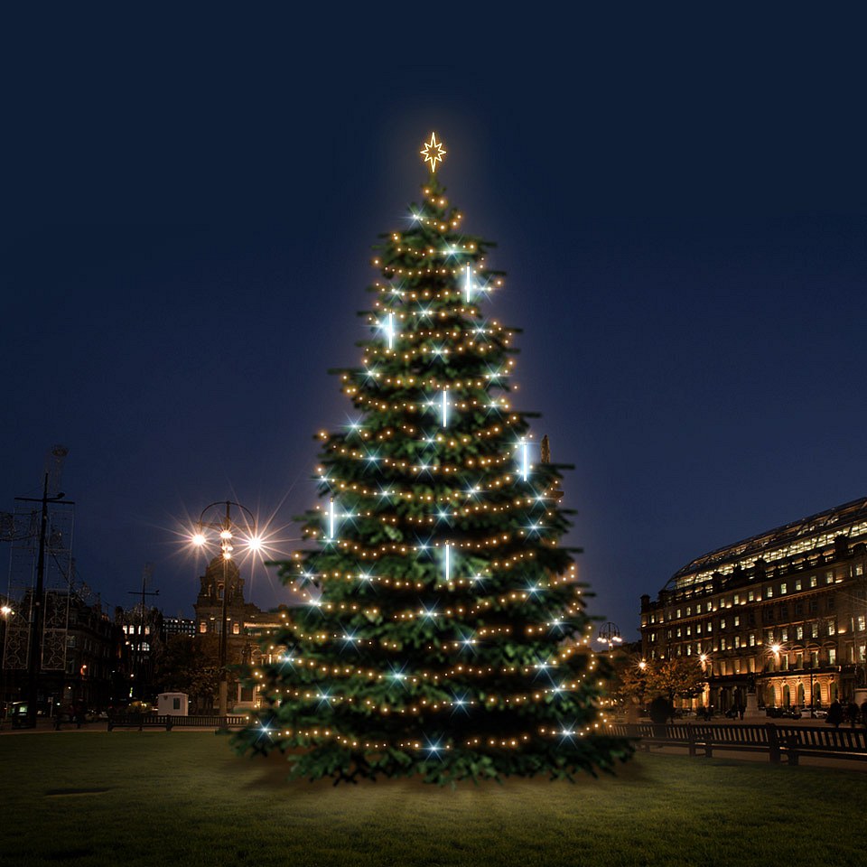 LED světelná sada na vánoční stromy vysoké 12-14m, teplá bílá s Flash, s padajícím sněhem