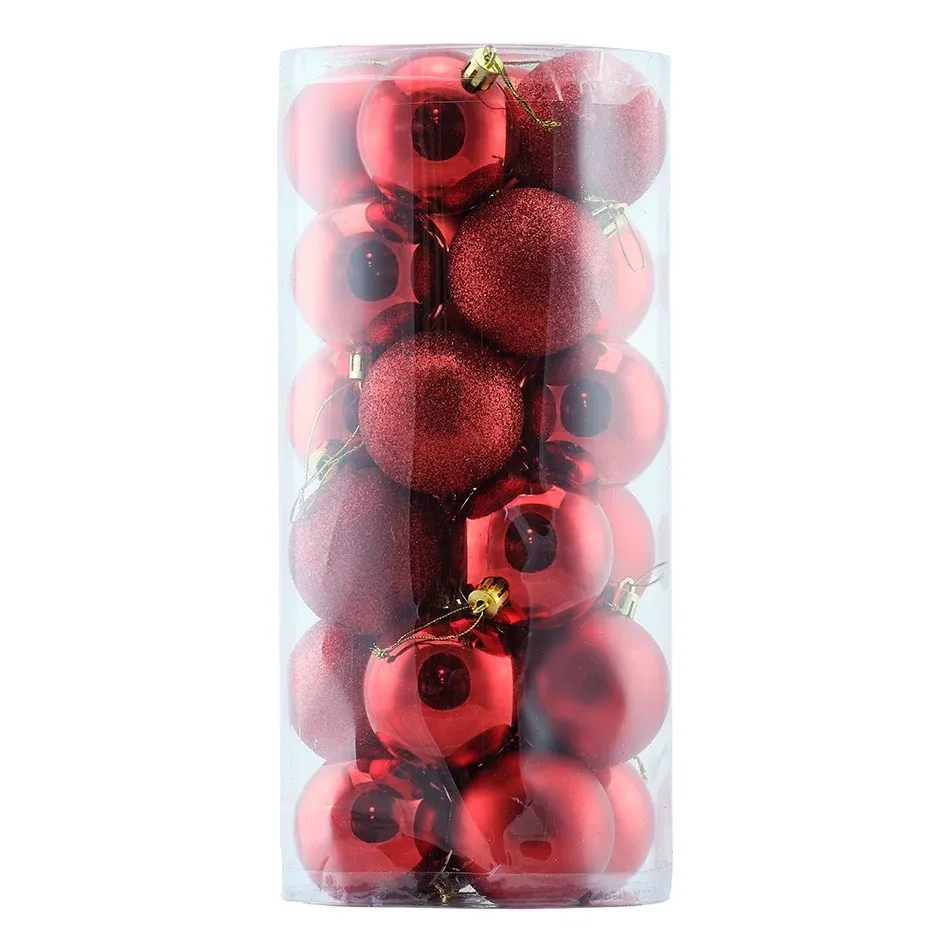_Staženo sada plastových koulí 24 ks, prům. 6 cm, červené, 8× lesk, 8× mat, 8× glitter, balení 24 ks