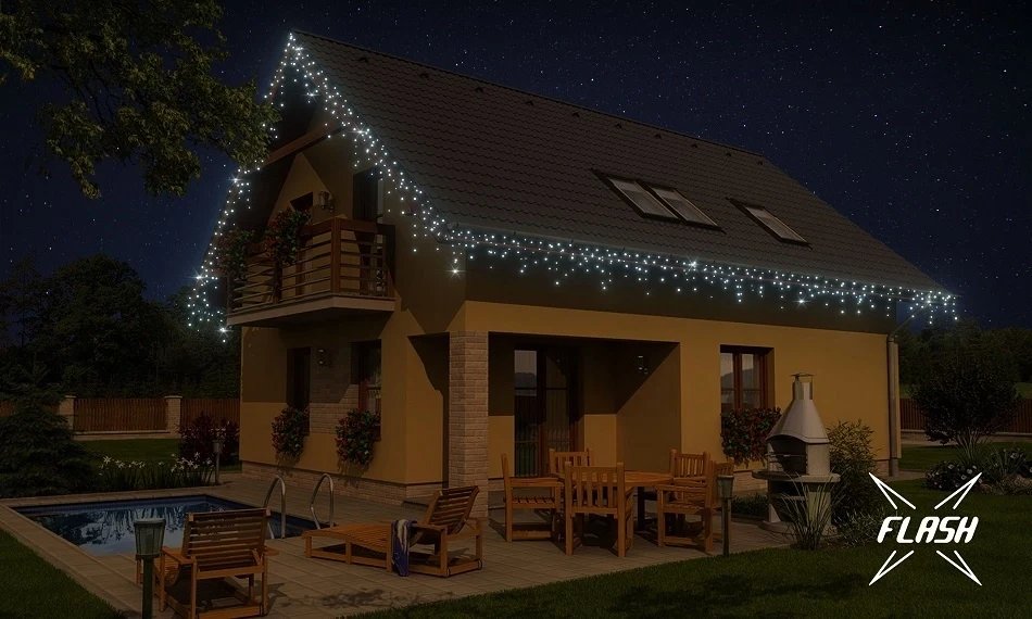 LED světelná sada na dům, 9+1 zdarma, ledově bílá s Flash, bílý kabel, Easy Fix, IP 67