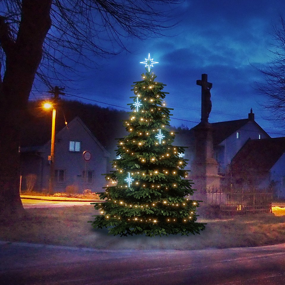 LED světelná sada na vánoční stromy vysoké 3-5 m, teplá bílá s ledově bílými dekory DZ113S2