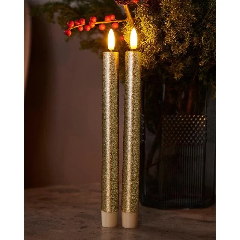 _Staženo LED svíčka vysoká z pravého vosku Sara, zlatá, 2 × 25 cm, 2× AAA, balení 2 ks