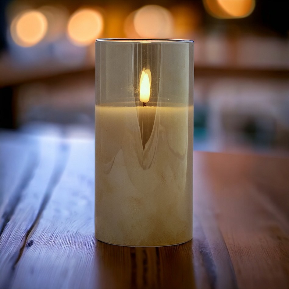 LED svíčka ve skle, 7,5 x 12,5 cm, zlatá