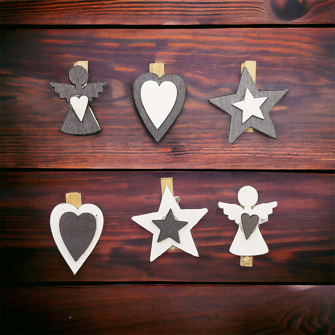 Dřevěné dekorační kolíčky, anděl, hvězda, srdce, 6ks/bal.