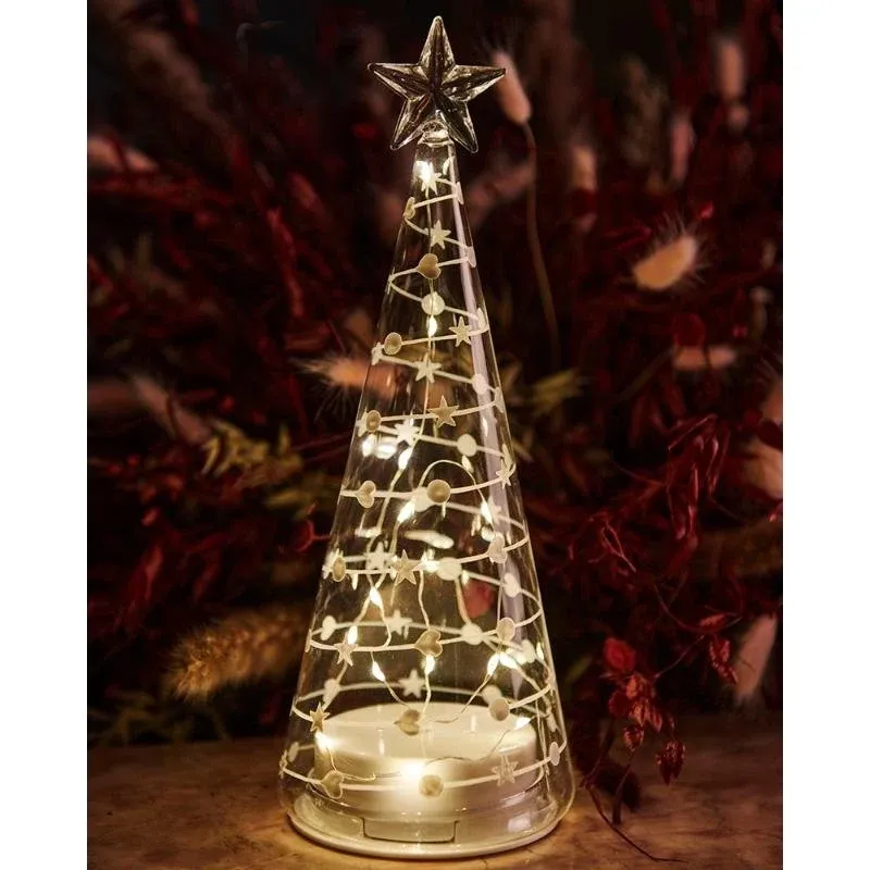 _Staženo LED světelný stromeček skleněný, čirý, 26 cm, bílý dekor