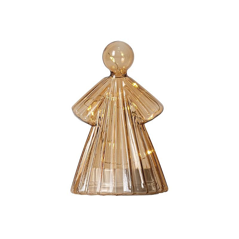 LED světelný anděl, skleněný, zlatý,15 cm