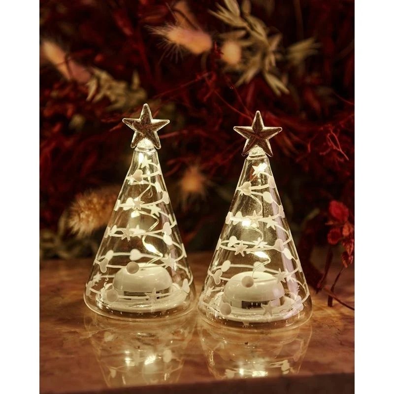 _Staženo LED světelný stromeček skleněný, čirý, sada 2 kusy, 9 cm