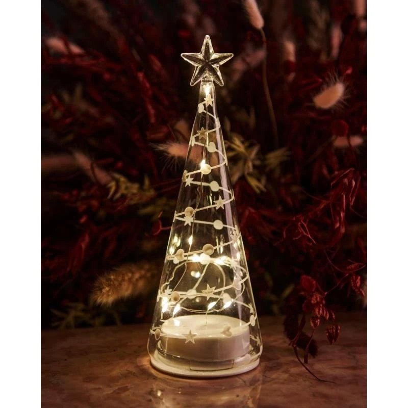 _Staženo LED světelný stromeček skleněný, čirý, 22 cm, bílý dekor