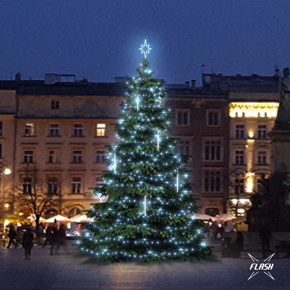 LED světelná sada na stromy vysoké 9-11m, ledová bílá s Flash, s padajícím sněhem