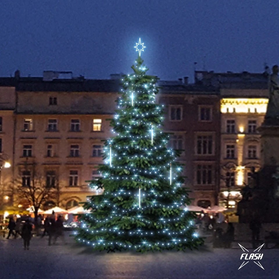 LED světelná sada na stromy vysoké 9-11m, ledová bílá s Flash, s padajícím sněhem