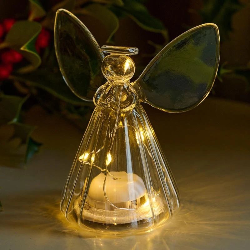 _Staženo LED světelný anděl, skleněný, čirý, 14 cm