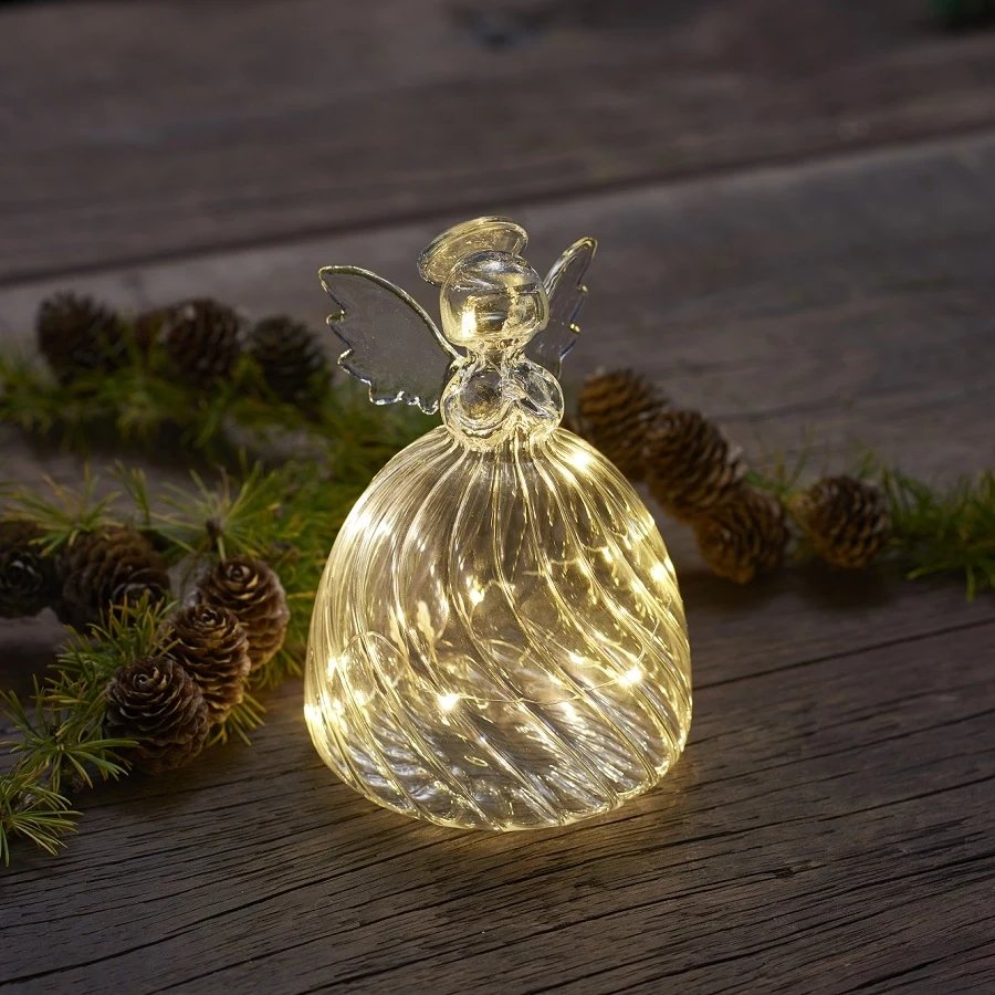 _Staženo LED světelný skleněný anděl, 13cm, čirý