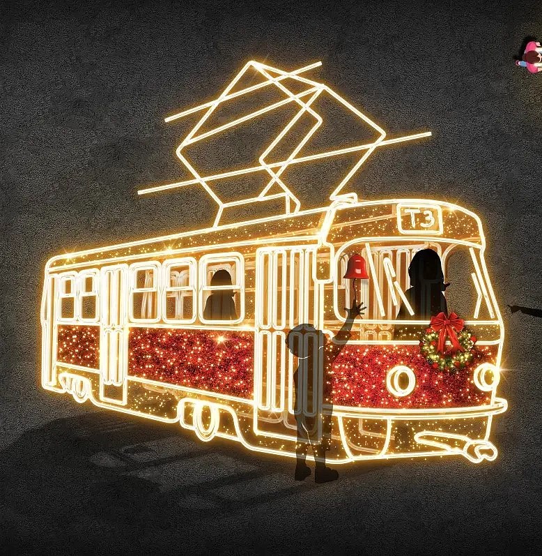 3D LED světelná tramvaj, 400 × 360 × 150 cm, teple bílá, stojící, hliník