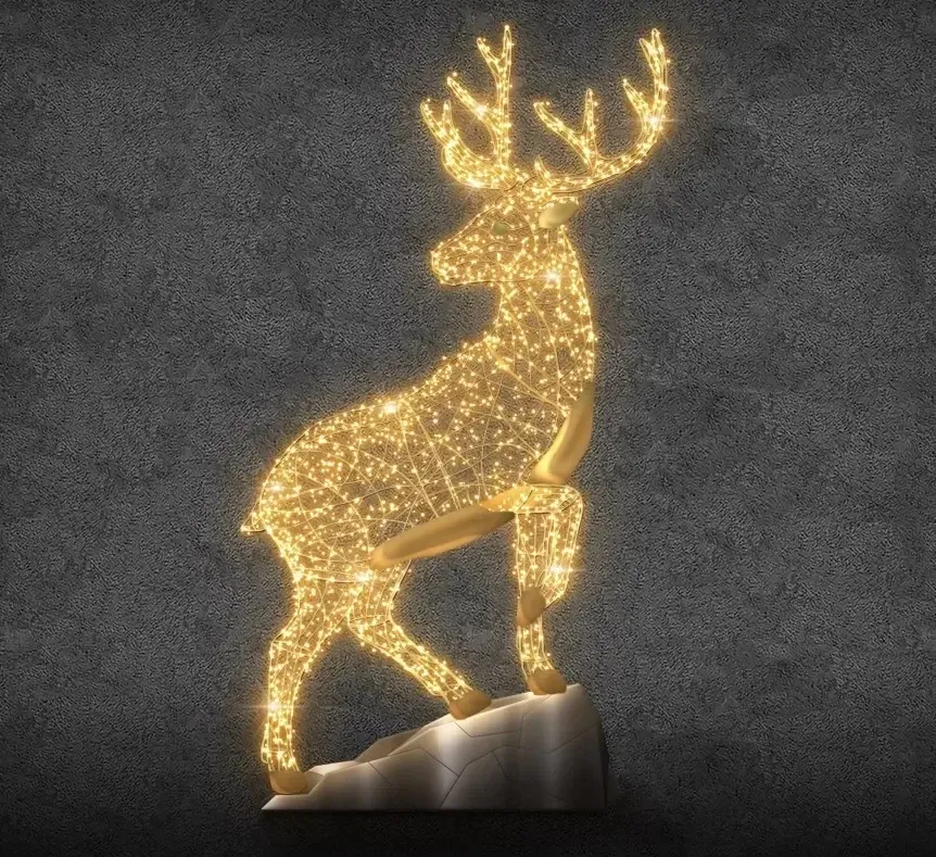 Eco Fix 3D LED světelný jelen na skále, 380 × 600 × 120 cm, teple bílá, hliník