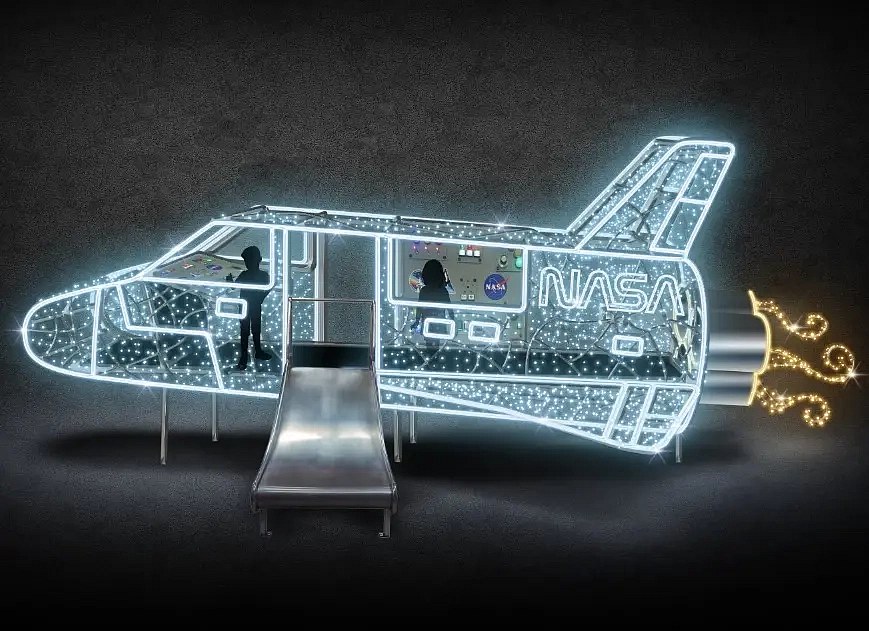 3D LED světelná raketa o délce 700 cm, ledově bílá, stojící, hliník