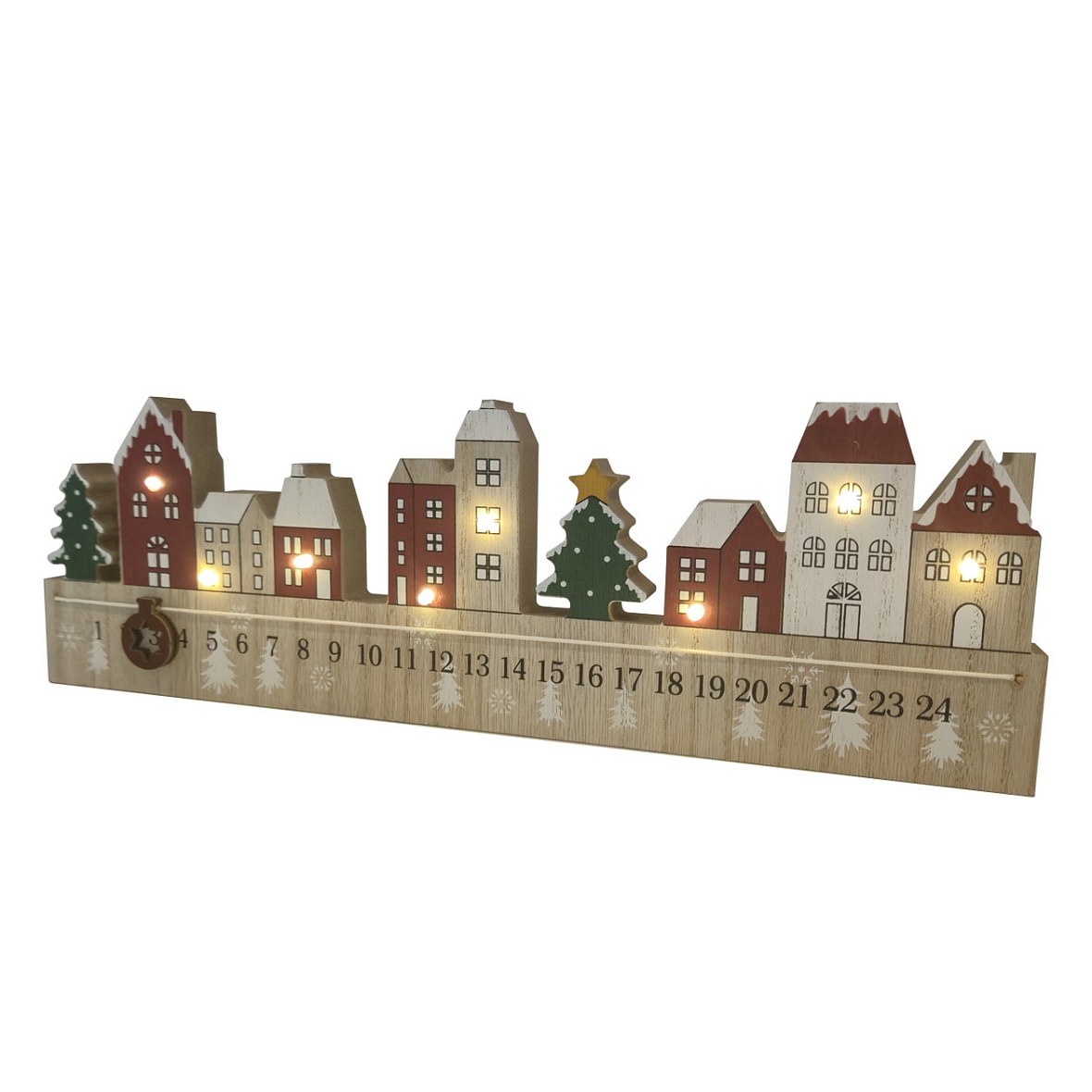 LED adventní kalendář, posuvný den, 38 × 12 × 2,7 cm, dřevěný, barevná, na 2× AAA