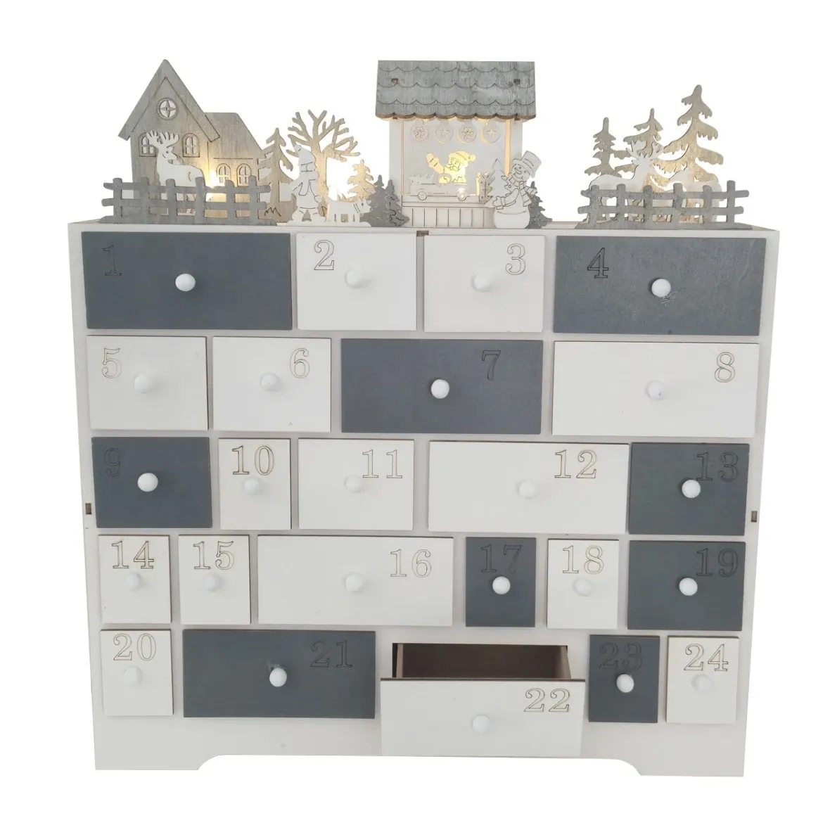 LED adventní kalendář, chaloupka a zvířátka, dřevěný, 37 × 40 × 11 cm, bílá a šedá, na 2× AA