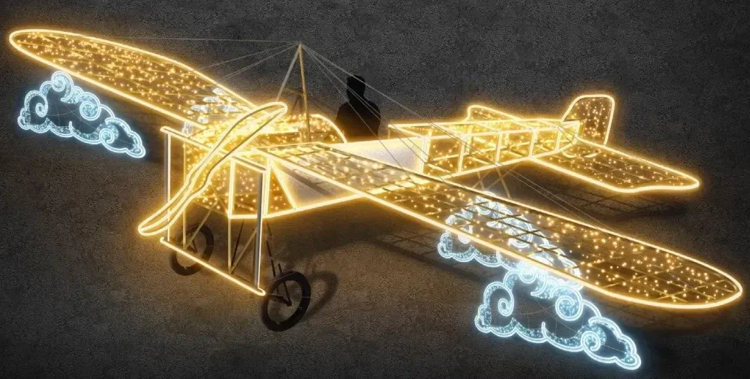 Eco Fix 3D LED světelné letadlo, 590 × 195 × 640 cm, teple bílá, stojící, hliník