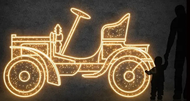 Eco Fix 2D LED světelný automobil Peugeot typ 69, 290 × 175 × 60 cm, teple bílá, stojící, 3D tisk