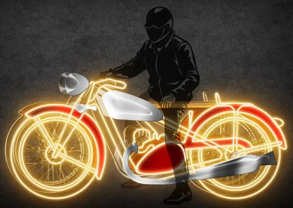 Eco Fix 3D LED světelný motocykl, 240 × 115 × 99 cm, teple bílá, stojící, hliník