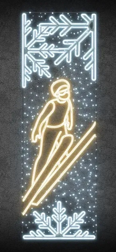 Easy Fix 2D LED světelný banner skokan na lyžích, 80 × 247 cm, teplá a ledově bílá, dekor na veřejné osvětlení, hliník