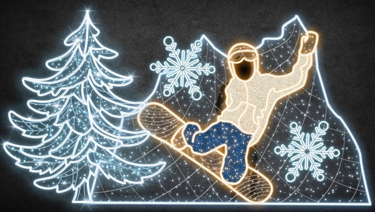 2D LED světelný snowboardista se panoramatem, 455 × 240 cm, teple a ledově bílá, stojící, 3D tisk
