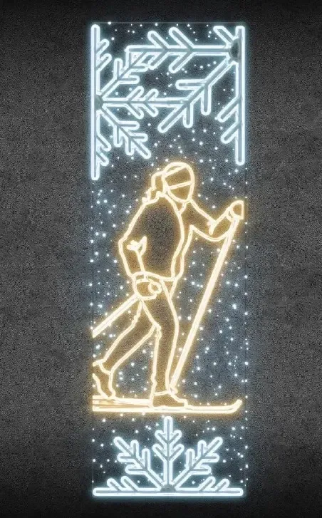 Easy Fix 2D LED světelný banner běžkařka, 80 × 247 cm, teple a ledově bílá, dekor na veřejné osvětlení, hliník