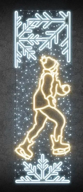 Easy Fix 2D LED světelný banner bruslař, 80 × 247 cm, teple a ledově bílá, dekor na veřejné osvětlení, hliník