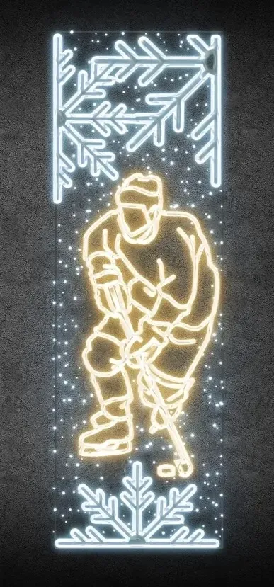 Easy Fix 2D LED světelný banner hokejista, 80 × 247 cm, teple a ledově bílá, dekor na veřejné osvětlení, hliník
