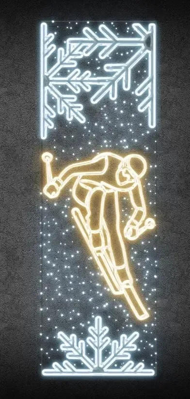 Easy Fix 2D LED světelný banner lyžař, 80 × 247 cm, teplá a ledově bílá, dekor na veřejné osvětlení, hliník