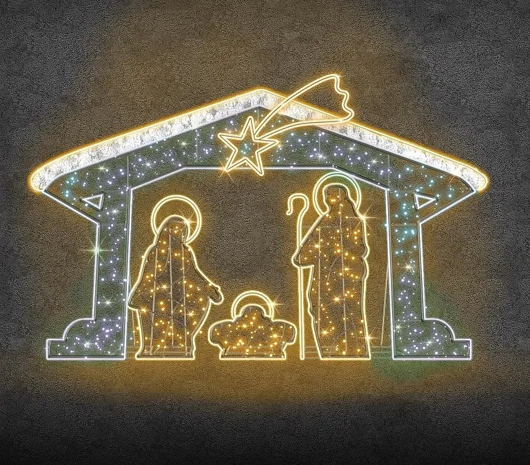 Eco Fix 2D LED světelný betlém, 475 × 300 cm, teple a ledově bílá, stojící, 3D tisk, hliník