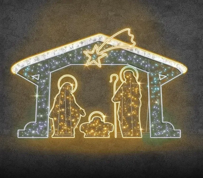 Eco Fix 2D LED světelný betlém, 475 × 300 cm, teple a ledově bílá, stojící, 3D tisk, hliník