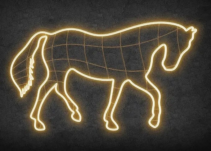 Eco Fix 2D LED světelný kůň, 290 × 161 × 60 cm, teple bílá, stojící, 3D tisk, hliník