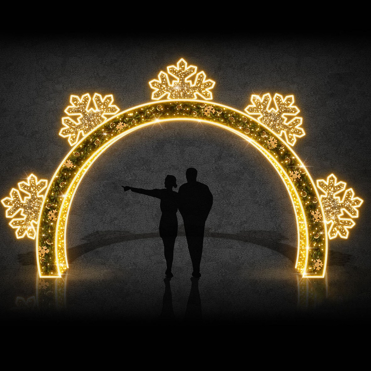 3D LED světelná brána půl vločky, 500 × 450 cm, teple bílá, hliník