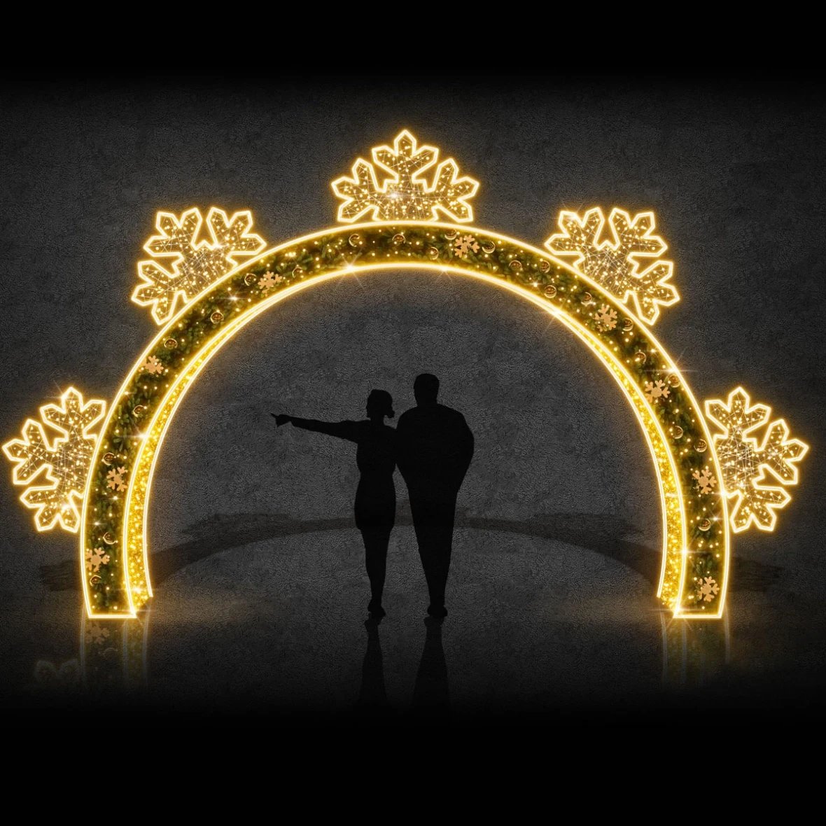 3D LED světelná brána půl vločky, 500 × 450 cm, teple bílá, hliník