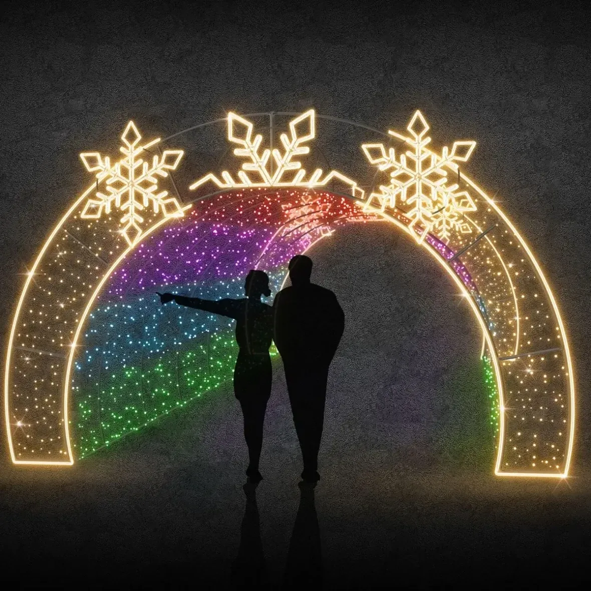 Eco Fix 3D LED světelný tunel vločky a Twinkly, 440 × 300 × 800 cm, hliník