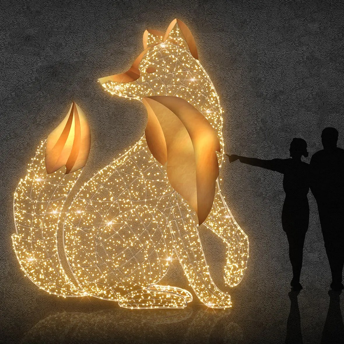 Eco Fix 3D LED světelná liška sedící, 280 × 300 × 170 cm, teple bílá, hliník