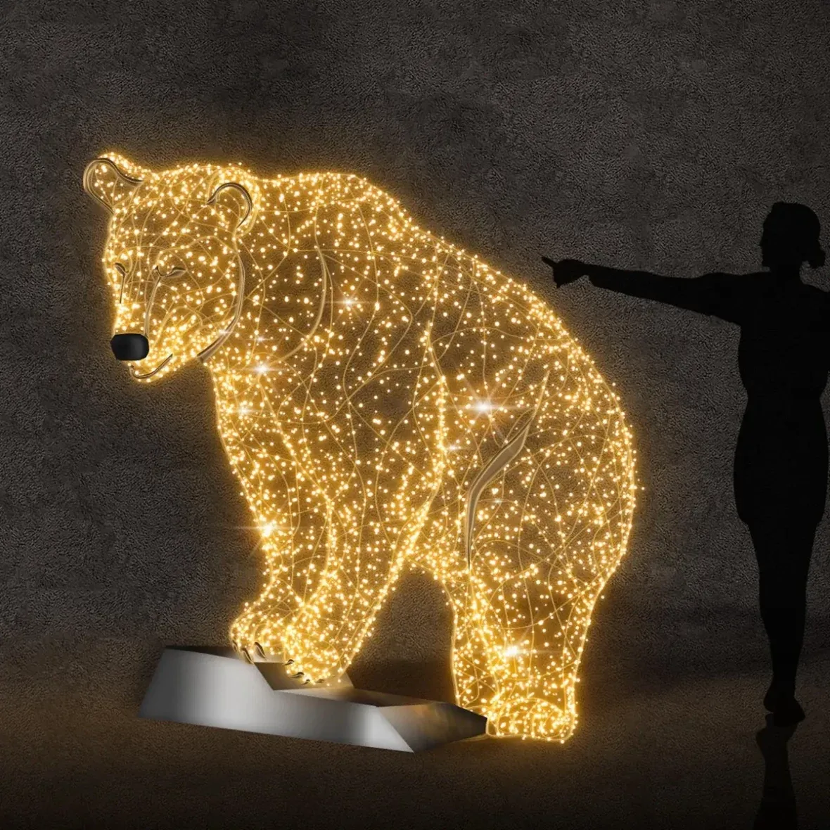 3D LED světelný medvěd na skále, 200 × 215 cm, teple bílá, hliník