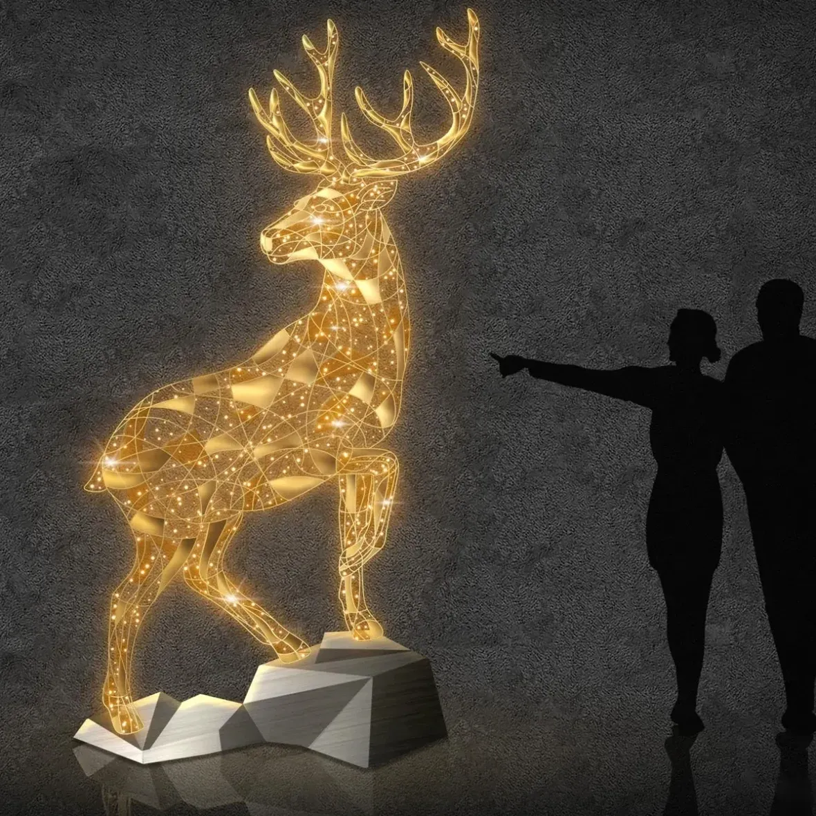 3D LED světelný jelen na skále 220 × 330 × 120 cm, teple bílá, 36 V, 37 W, 59,4 kg, ze 3 dílů