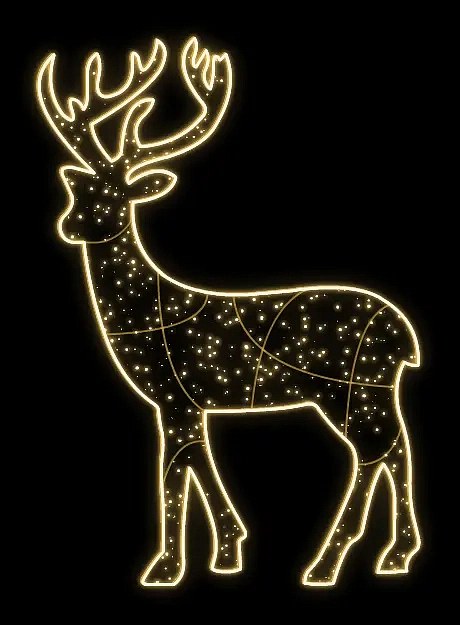 Eco Fix 2D LED světelný jelen, zlatý, 185 × 280 cm, teple bílá, stojící, 3D tisk, hliník