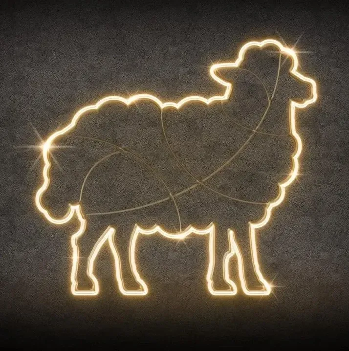 2D LED světelná ovce, 160 × 130 cm, teple bílá, stojící, hliník