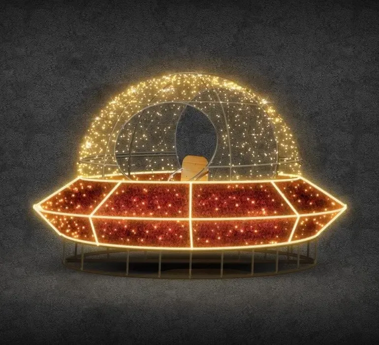Eco Fix 3D LED světelné UFO, 230 × 180 × 230 cm, teple bílá, stojící, hliník
