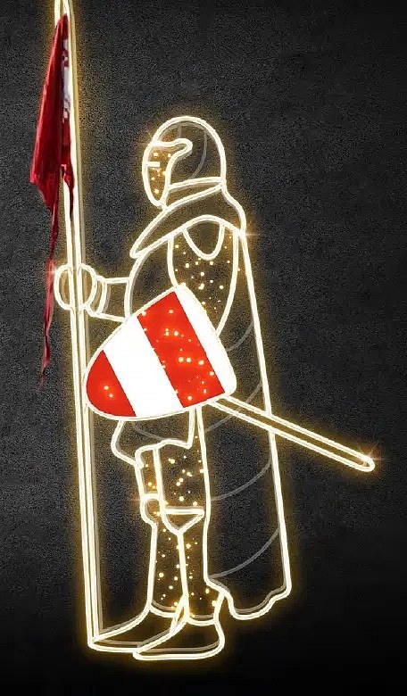Eco Fix 2D LED světelný rytíř VII, štít v levé ruce, 245 × 110 cm, teple bílá, stojící, 3D tisk