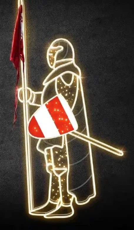 Eco Fix 2D LED světelný rytíř VII, štít v levé ruce, 245 × 110 cm, teple bílá, stojící, 3D tisk
