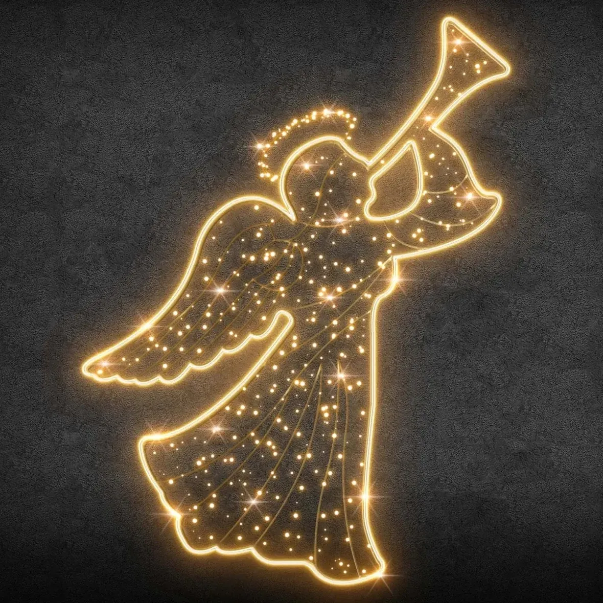 Easy Fix 2D LED světelný anděl s vlnitou sukní a trubkou, stojící, 140 × 200 × 62 cm, teple bílá, 3D tisk, zlatý
