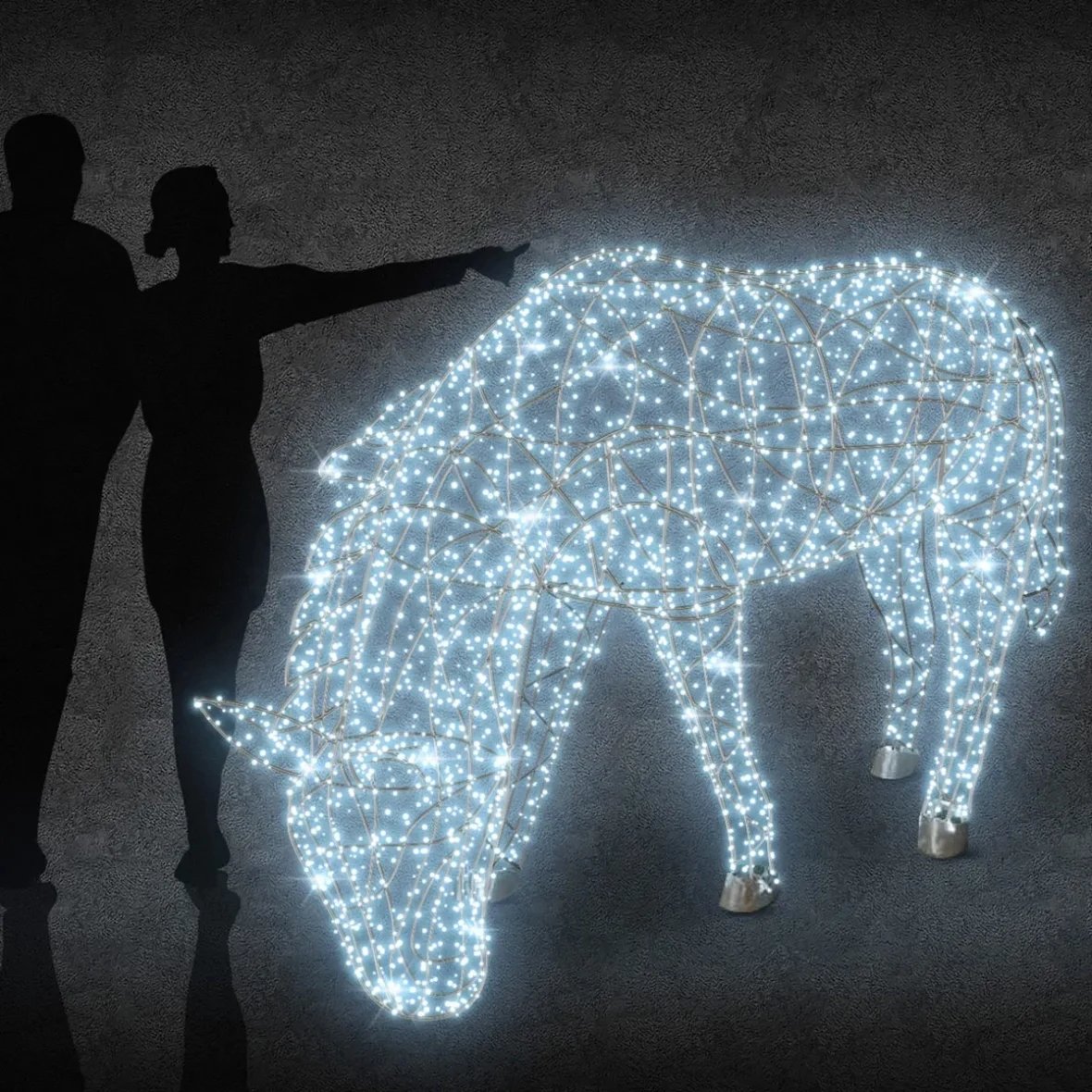 Eco Fix 3D LED světelný kůň se skloněnou hlavou, 250 × 160 × 60 cm, ledově bílá, hliník