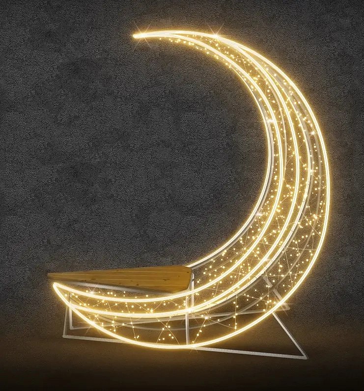 3D LED světelná lavička ve tvaru měsíce, 200 × 194 × 80 cm, teple bílá, 36 V, 47,5 W, 29 kg