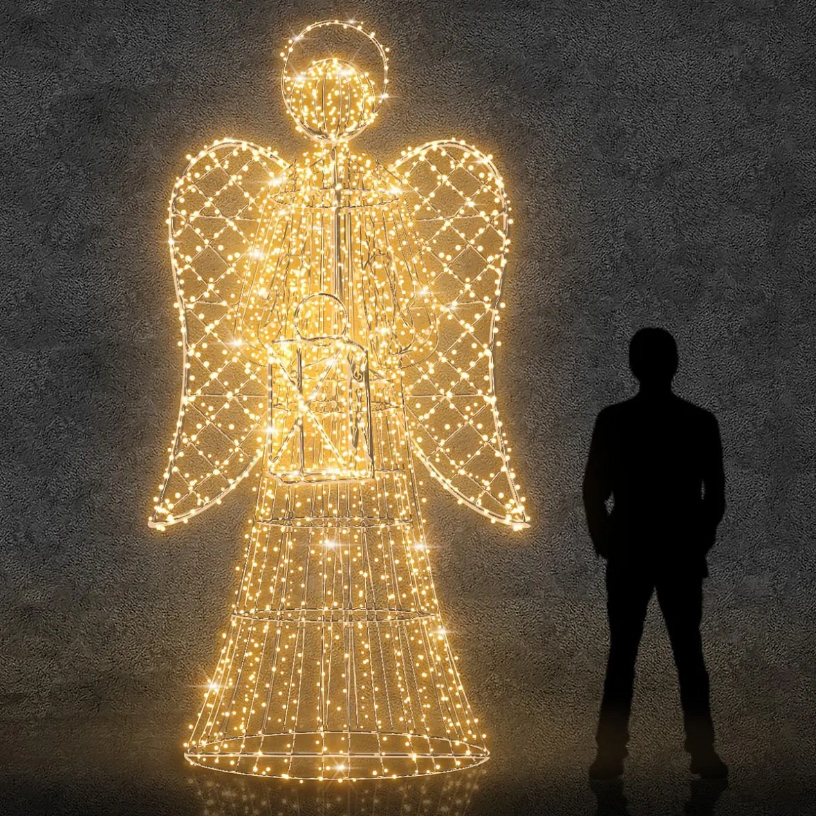 3D LED světelný anděl s lucernou, 300 cm, s krystaly, teple bílá, hliník