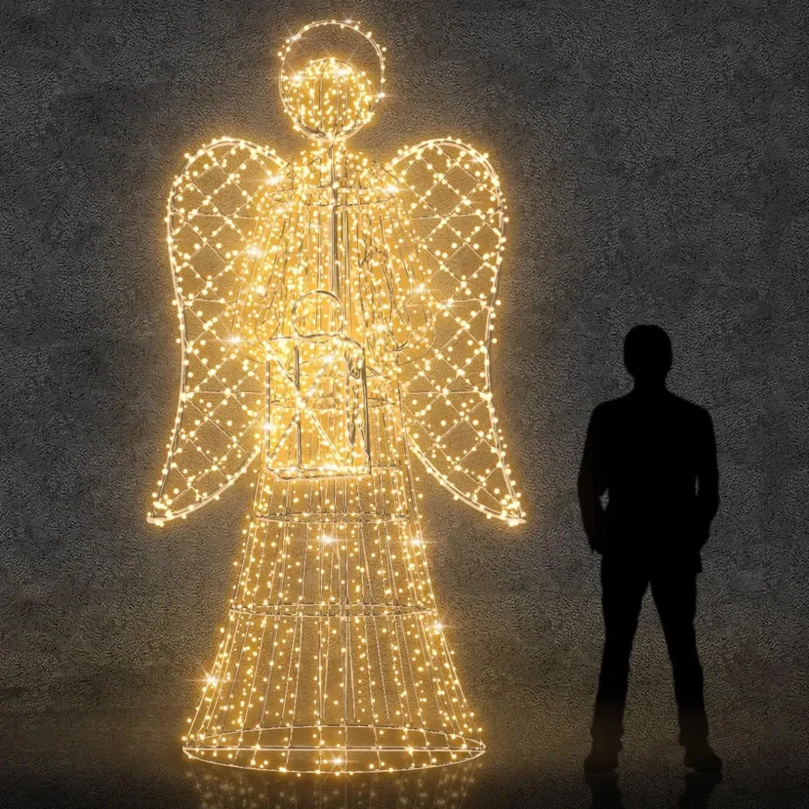 3D LED světelný anděl s lucernou, 300 cm, s krystaly, teple bílá, hliník