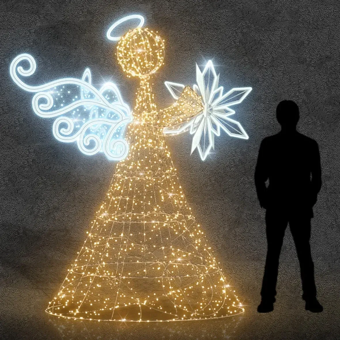 3D LED světelný anděl s hvězdou, 250 cm, teple a ledově bílá, hliník