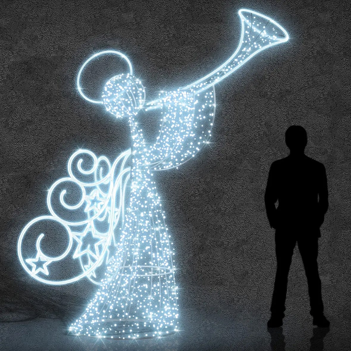 Easy Fix 3D LED světelný anděl s trumpetou, 280 cm, ledově bílá, hliník